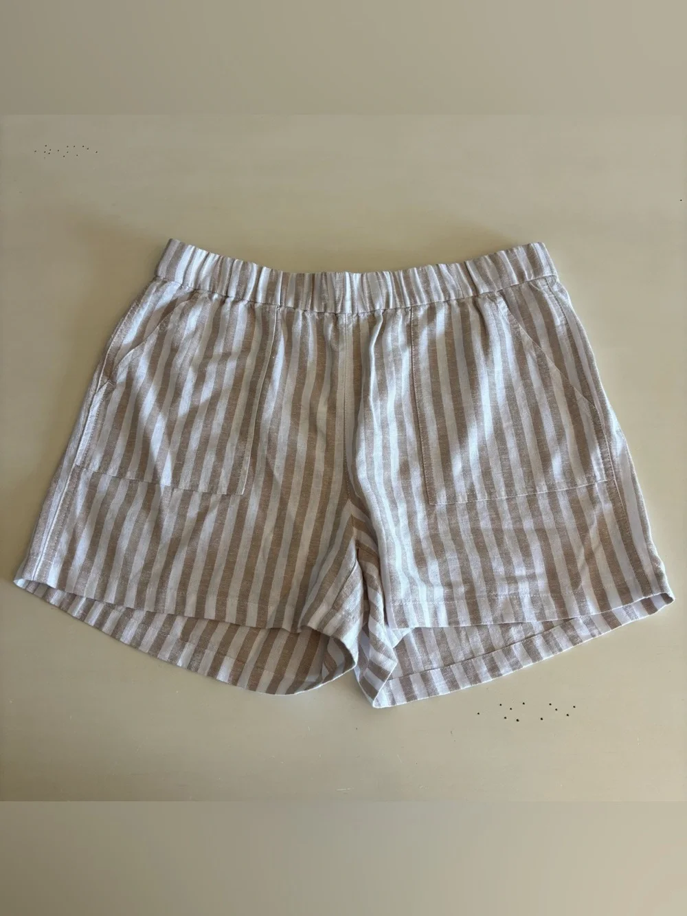 J. Crew High-Waist Striped Linen-Blend Shorts in Cream & Tan Size Medium NEW